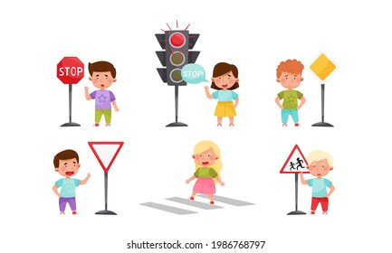 Smiling Kid Characters Learning Road Signs and Traffic Rules Vector Illustration Set