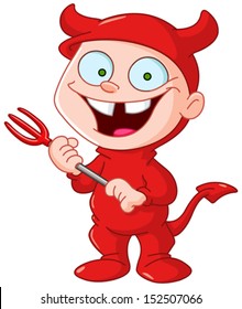 Smiling kid in a devil costume celebrating Halloween
