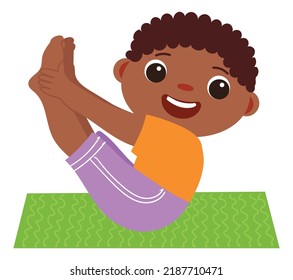 Smiling kid doing yoga exercise. Healthy child lifestyle