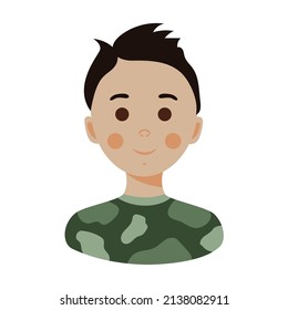 Smiling kid face boy. Avatar child with skin cartoon head portrait. School character icon. Cute little person teenager. Flat vector illustration isolated on white