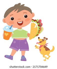 Smiling kid with fast food. Cute cartoon character