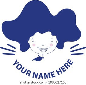 Smiling kid girl emblem in playful style monochromatic logotype for activities 