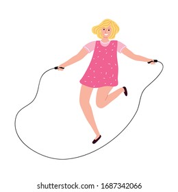Smiling kid girl jumping rope and feeling happy vector illustration