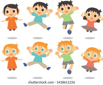Smiling kid jumping pose set