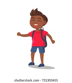 Smiling kid in red t-shirt and jeans shorts with rucksack vector illustration isolated on white. Happy child with pink cheeks cartoon character in flat style