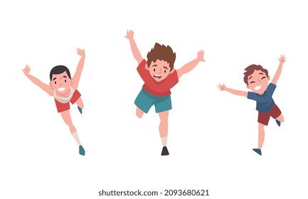 Smiling Kid Running with Outstretched Arms Vector Set