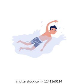 Smiling kid swimming in the sea. Teenager boy in blue swim shorts. Summer outdoor activity. Flat vector design