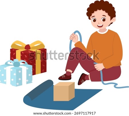 Smiling Kid Wrapping Presents with Ribbon