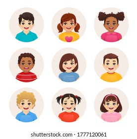 Smiling kids boys and girls avatar set isolated vector illustration. Multiethnic happy children faces.