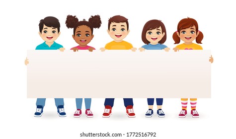 Smiling kids boys and girls holding empty blank board isolated vector illustration. Multiethnic happy children with placard.