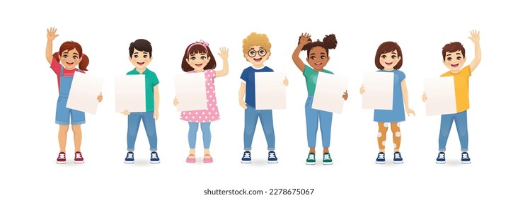 Smiling kids boys and girls holding empty blank board isolated vector illustration. Multiethnic happy children with placards.