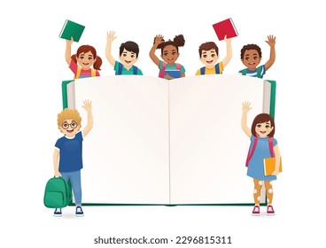 Niños y niñas sonrientes parados detrás de un libro vacío abierto en blanco ondeando manos con ilustraciones vectoriales aisladas. Grupo multiétnico de niños felices