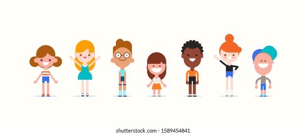 Smiling kids character in flat design style isolated. Diversity children cartoon vector illustration.