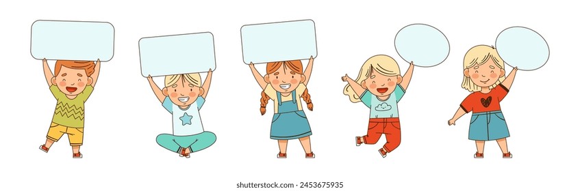 Smiling Kids Character Holding Empty Plaque or Signboard Vector Set