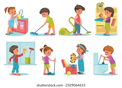 Smiling kids cleaning home. Little children wash and vacuum floors. Girl with mop and broom. Baby folding toys and books. Household chores. Housekeeper activities