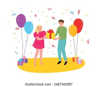 Smiling kids congratulating and giving present at birthday party vector illustration