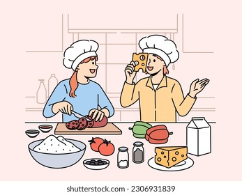 Smiling kids cooking together at home kitchen. Happy little children have fun preparing food cutting vegetables. Hobby and culinary. Vector illustration.