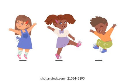 Smiling kids dancing set. Happy energetic children in motion cartoon vector illustration