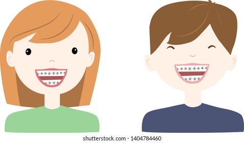 Smiling kids with dental treatment. Cute cartoon boy and girl with teeth braces.