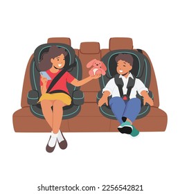 Smiling Kids Of Different Ages Sit In Car Backseat Use Safety Belts And Child Seat For Protection. Children Safe In Automobile. Life Saving Habit And Rules Concept. Cartoon People Vector Illustration