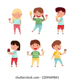 Smiling kids eating ice cream set. Cute little boys and girls feeling happy with their ice cream cartoon vector illustration