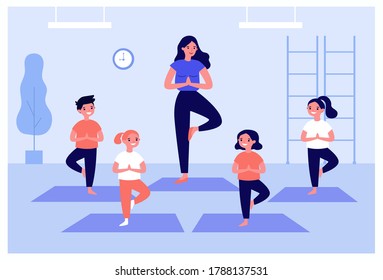 Smiling kids exercising in yoga class isolated flat vector illustration. Cartoon children doing exercises with instructor in gym. Healthy lifestyle and sport concept