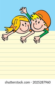 Smiling kids, girl and boy and llined paper, conceptual vector illustration, blue background