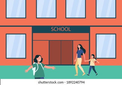 Smiling kids going to school with backpacks. Elementary, parent, children flat vector illustration. Education and study concept for banner, website design or landing web page