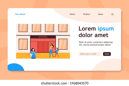 Smiling kids going to school with backpacks. Elementary, parent, children flat vector illustration. Education and study concept for banner, website design or landing web page