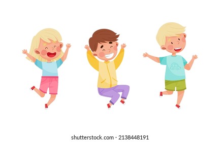 Smiling kids happily jumping set. Energetic boys and girls in motion cartoon vector illustration