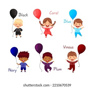 Smiling Kids Holding Colorful Toy Balloons with Color Inscription Vector Set