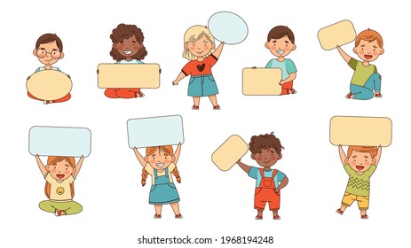 Smiling Kids Holding Empty Oval and Rectangular Plaque Vector Set