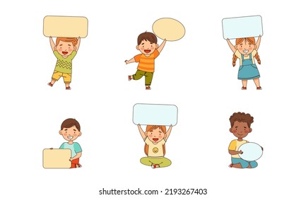 Smiling Kids Holding Empty Oval and Rectangular Plaque Vector Set