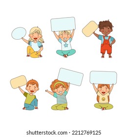 Smiling Kids Holding Empty Oval and Rectangular Plaque Vector Set