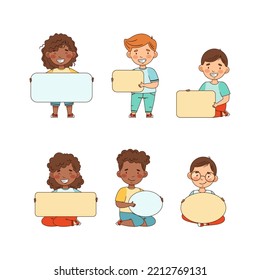 Smiling Kids Holding Empty Oval and Rectangular Plaque Vector Set