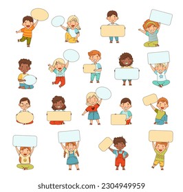 Smiling Kids Holding Empty Oval and Rectangular Plaque Big Vector Set