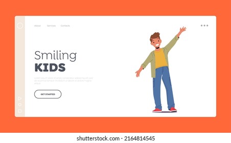 Smiling Kids Landing Page Template. Child Character Express Fun Feelings, Happy Little Boy Laughing with Outspread Arms, Kid Happiness and Joy, Positive Facial Expression. Cartoon Vector Illustration