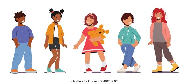 Smiling Kids, Multiracial Boys and Girls Toddlers Characters Wearing Fashionable Clothes. Children Smile, Positive Emotions, Friendship Isolated on White Background. Cartoon People Vector Illustration