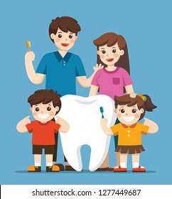 Smiling Kids with parents standing next to big white tooth. They are holding toothbrush showing healthy clean tooth. Hygiene and care.