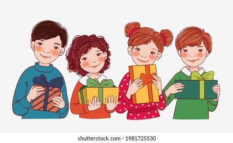 Smiling kids with presents. Happy Birthday vector illustration
