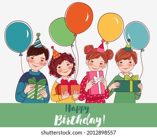 Smiling kids with presents. Happy Birthday vector illustration