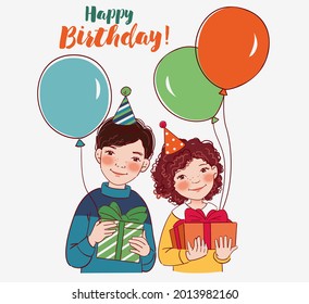 Smiling kids with presents. Happy Birthday vector illustration