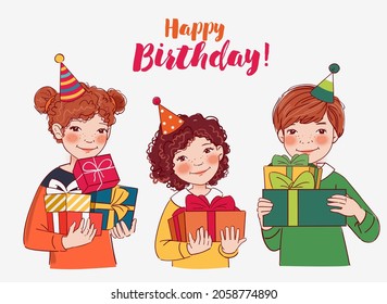 Smiling kids with presents. Happy Birthday vector illustration. Cute boy and girls