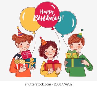 Smiling kids with presents. Happy Birthday vector illustration. Cute boy and girls