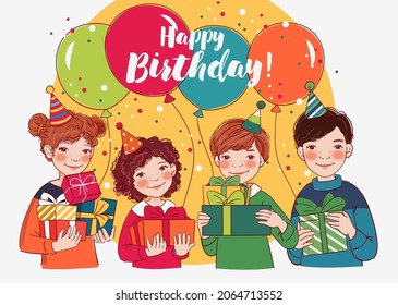 Smiling kids with presents. Happy Birthday vector illustration. Cute boy and girls