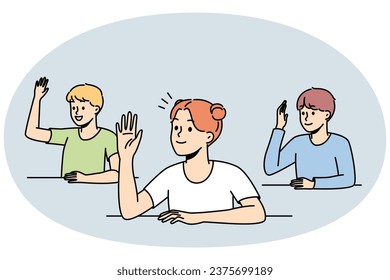 Smiling kids sit at desks at school raise hands asking or answering questions. Happy children engaged in activity in classroom. Vector illustration.