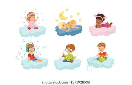 Smiling Kids Sitting on Clouds and Doing Different Things Vector Illustrations Set