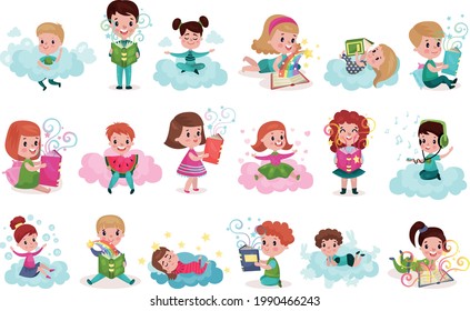 Smiling Kids Sitting on Soft Cloud and Doing Different Things Vector Illustration Set