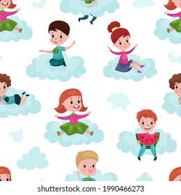 Smiling Kids Sitting on Soft Cloud and Doing Different Things Vector Seamless Pattern