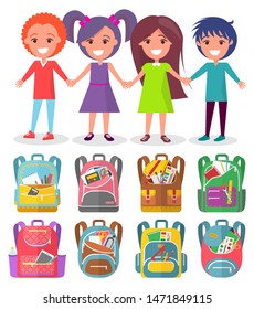 Smiling Kids Standing Together With Holding Hands, Backpack Label. Sticker Of School Bag With Notebook And Pencil, Pupils Character, Student Vector. Back To School Concept. Flat Cartoon